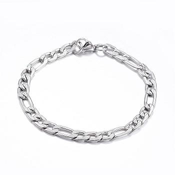 304 Stainless Steel Bracelets, Figaro Chains, with Lobster Clasp, Stainless Steel Color, 7-7/8 inch(20cm), 6mm