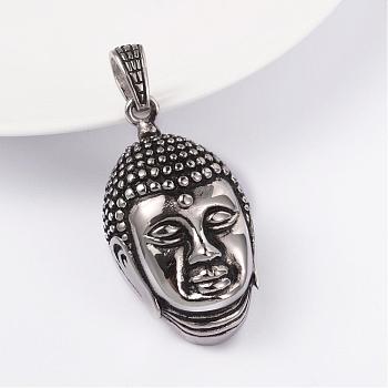 316 Surgical Stainless Steel Pendants, Buddha Head, Antique Silver, 39x24x13mm, Hole: 5mm