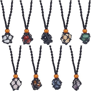 9Pcs 9 Styles Natural Mixed Gemstone Teardrop Pendant Necklaces Set, Macrame Pouch Braided Jewelry for Women, 16.50~16.73 inch(41.9~42.5cm), 1Pc/style