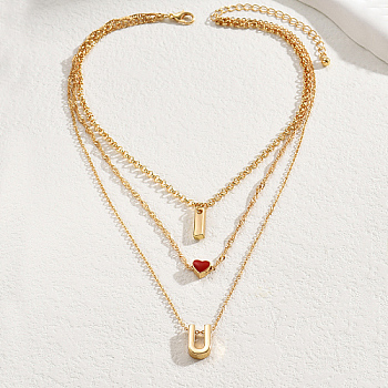 Iron Cable Chains 3 Layer Necklaces, I Love You Necklace for Valentine's Day, Real 18K Gold Plated, 14.17 inch(36cm)