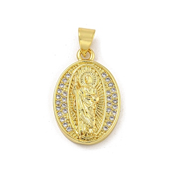 Virgin Mary Theme Rack Plating Brass Micro Pave Cubic Zirconia Pendants, Cadmium Free & Lead Free, Long-Lasting Plated, Oval with Virgin Mary Pattern, Real 18K Gold Plated, 21x14x4mm, Hole: 3.5x4.5mm