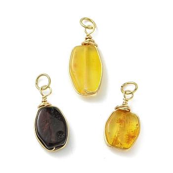 Natural Amber Copper Wire Wrapped Pendants, Nuggets Charms with 304 Stainless Steel Jump Rings, Golden, 18~21.5x9~10x4mm, Hole: 4mm