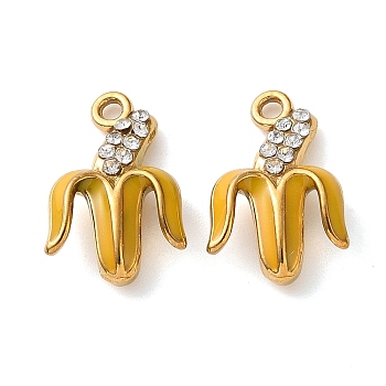 304 Stainless Steel Enamel Rhinestone Pendants, Banana Charms, Ion Plating(IP), Golden, 15x10x4mm, Hole: 1.2mm