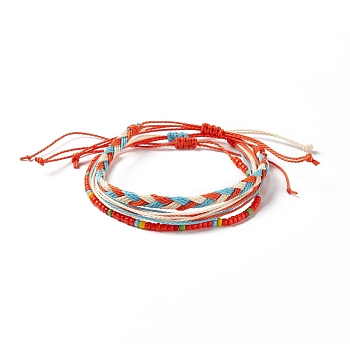 3Pcs 3 Style Plastic Braided Bead Bracelets Set, Waxed Polyester Cord Adjustable Bracelets for Women, Red, Inner Diameter: 2~4-1/4 inch(5.1~10.7cm), 1Pc/style