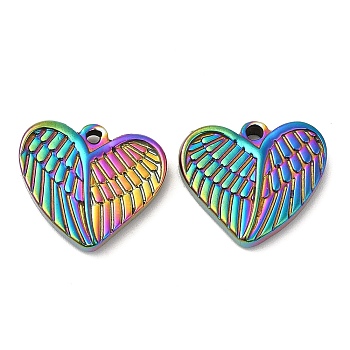 304 Stainless Steel Pendants, Heart with Wing Charm, Rainbow Color, 15.5x18x4mm, Hole: 1.5mm