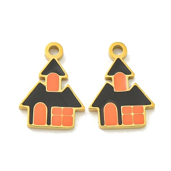 Halloween Theme Ion Plating(IP) 304 Stainless Steel Enamel Pendants, Golden, Haunted House, 14x10.5x1.5mm, Hole: 1.5mm