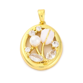 Brass Micro Pave Cubic Zirconia Pendants, with Plastic Pearl and Enamel,  Oval with Flower, Real 14K Gold Plated, 20.5x16x6mm, Hole: 3x4.5mm