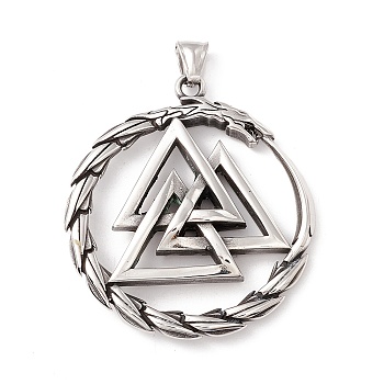 304 Stainless Steel Pendants, Flat Round with Triangle, Antique Silver, 56x50x8.5mm, Hole: 4~8.5mm