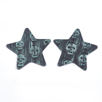 PU Leather Big Pendants, Star with Skull, Medium Aquamarine, 52x54x1.5mm, Hole: 1.5mm