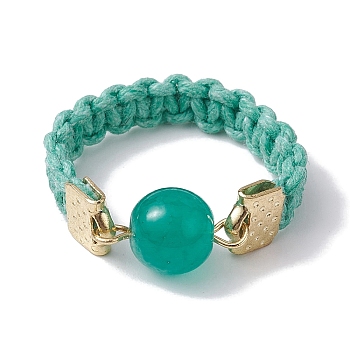 Glass Round Ball Braided Bead Style Finger Ring, with Waxed Cotton Cords, Turquoise, Inner Diameter: 18mm
