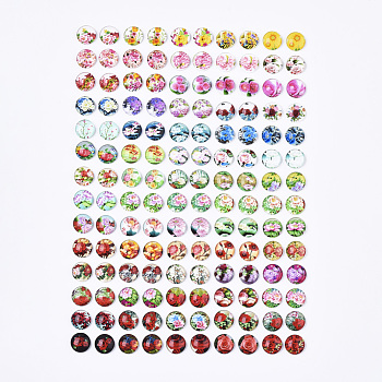 Glass Cabochons, with Self-Adhesive, for DIY Jewelry Making, Half Round with Mixed Patterns, Flower Pattern, 12x4.5mm