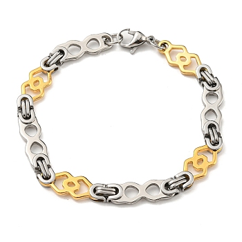Two Tone 304 Stainless Steel Rhombus & Infinity Link Chain Bracelet, Golden & Stainless Steel Color, 9 inch(22.9cm), Wide: 9mm