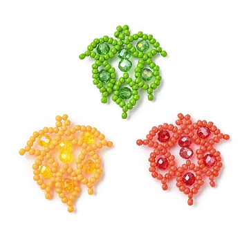 3pcs 3 Clors Glass Seed Beaded Leaf Pendants, with Electroplate Glass Beads, Mixed Color, 29.5x29.5x4.5mm, Hole: 1.2mm, 1pcs/color