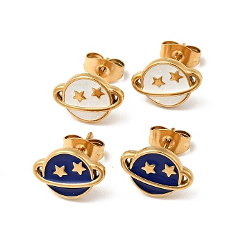 Enamel Planet with Star Stud Earrings with 316 Surgical Stainless Steel Pins, Gold Plated 304 Stainless Steel Jewelry for Women, Mixed Color, 8.5x11.5mm, Pin: 0.8mm