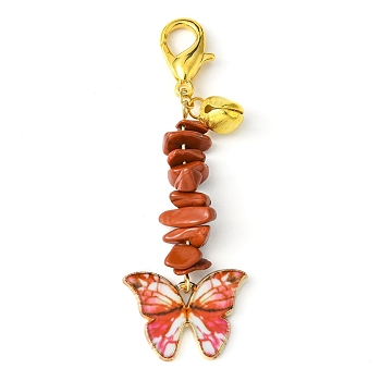 Alloy Enamel Butterfly Pendant Decoration, Natural Red Jasper Chips and Lobster Claw Clasps Charms, 64mm