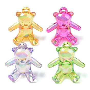 Electroplate Transparent UV Plating Acrylic Pendants, Iridescent, Bear Charms, Mixed Color, 36.5x34.5x19.5mm, Hole: 3.5mm