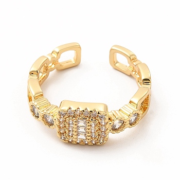Cubic Zirconia Rectangle Open Cuff Ring, Golden Brass Jewelry for Women, Cadmium Free & Lead Free, Clear, Inner Diameter: 17mm