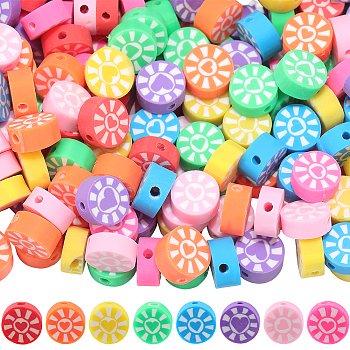 200pcs 8 colors Handmade Polymer Clay Beads, Flat Round with Heart, Mixed Color, 9~10x5mm, Hole: 1.6mm