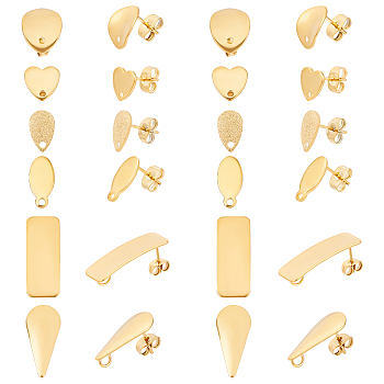 24Pcs 6 Style 304 Stainless Steel Stud Earring Findings, with Ear Nuts/Earring Backs, Rectangle & Teardrop & Heart & Oval & Flat Round, Golden, 8~26x6~10x0.7mm, Hole: 1.2mm, Pin: 0.7~0.8mm, 4pcs/style