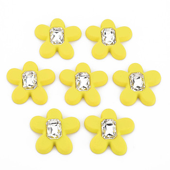 Rubberized Style Acrylic Rhinestone Cabochons, Faceted, Flower, Yellow, 33.5x34.5x6.5mm