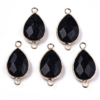 Synthetic Blue Goldstone Links Connectors, with Light Gold Tone Brass Findings, Faceted, Teardrop, 27x14x6mm, Hole: 2mm