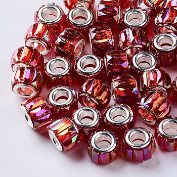 Transparent Resin European Beads, Large Hole Beads, with Silver Color Plated Double Brass Cores, Faceted, AB Color Plated, Column, Red, 11.5x8mm, Hole: 5mm