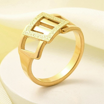 Textured 304 Stainless Steel Hollow Rectangle Finger Ring for Women, Real 18K Gold Plated, Inner Diameter: 17mm