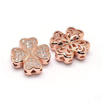 Clover Brass Micro Pave Cubic Zirconia Beads, Clear, Real Rose Gold Plated, 14x14x5mm, Hole: 1mm