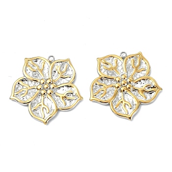 Two Tone Textured 304 Stainless Steel Pendants, Flower Charm, PVD Vacuum Plating, Long-Lasting Plated, Real Gold Plated & Stainless Steel Color, 30x30x2.5mm, Hole: 1.8mm