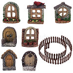 Resin Dollhouse Building Accessories,  including Imitation Wood Door, Window & Garden Fence, for Micro Landscape Decoration, Mixed Color, 32.5~900x16~51x4.5~57mm(DJEW-GF0001-54)