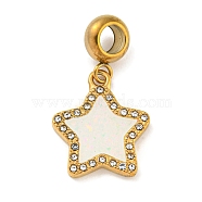 Ion Plating(IP) 304 Stainless Steel Pave Crystal Rhinestone European Dangle Charms, Star Large Hole Pendants with Enamel, Golden, White, 28mm, Hole: 4.5mm, Star: 18x15.5x2mm(STAS-U005-45G-02)