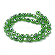 Handmade Evil Eye Lampwork Beads Strands, Flat Round, Green, 7.5x3mm, Hole: 1mm, about 48pcs/strand, 13.7 inch~14.9 inch(X-LAMP-S191-02B-02)