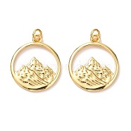 Brass Pendants, with Jump Ring, Long-Lasting Plated, Flat Round with Mountain, Real 18K Gold Plated, 23.5x20x2mm, Hole: 3mm, Jump Ring: 5x0.8mm(X-KK-G399-16)