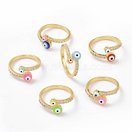 Enamel Evil Eye Open Cuff Ring with Clear Cubic Zirconia, Gold Plated Brass Jewelry for Women, Cadmium Free & Lead Free, Mixed Color, US Size 8 3/4(18.7mm)(KK-E033-09G)