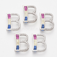 Brass Cubic Zirconia Slide Charms, Real Platinum Plated, Colorful, Letter, Letter.B, 18x14.5x5mm, Hole: 1.5x4mm and 1.5x6mm(ZIRC-S063-01B-P)
