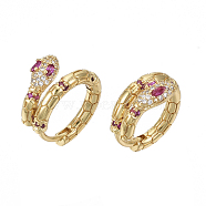 Brass Micro Pave Clear Cubic Zirconia Huggie Hoop Earrings, Snake, Nickel Free, Real 18K Gold Plated, Hot Pink, 18x3~9mm, Pin: 1.2mm(EJEW-R114-007C-NF)