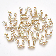 Brass Cubic Zirconia Charms, Letter, Clear, Real 18K Gold Plated, Letter.U, 9.5x9x1.5mm, Hole: 1mm(KK-S348-330U)