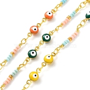 Evil Eyes Brass Ename Link Chains, with Glass Beads, Real 18K Gold Plated, Soldered, with Spools, Long-Lasting Plated, Mixed Color, 4.5x4.5x4mm(CHC-Q013-02G)