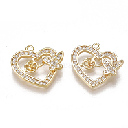 Brass Micro Pave Cubic Zirconia Peg Bails Pendants, For Half Drilled Bead, Nickel Free, Real 18K Gold Plated, Heart, Clear, 15x16x3mm, Hole: 1.2mm, Pin: 0.8mm(KK-T038-359G)