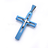 304 Stainless Steel Pendants, Cross, Blue & Stainless Steel Color, 45x29x4mm, Hole: 8x5mm(STAS-O108-67LP)