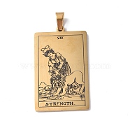 201 Stainless Steel Pendant, Golden, Rectangle with Tarot Pattern, Strength VIII, 40x24x1.5mm, Hole: 4x7mm(STAS-B033-01G-08)