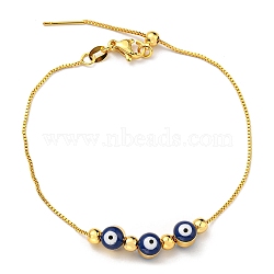 Evil Eye Enamel Link Slider Bracelet with Box Chains, Rack Plating Brass Bracelet, Midnight Blue, 7-1/8~8-1/8 inch(18.1~20.6cm)(BJEW-G675-02G-01)