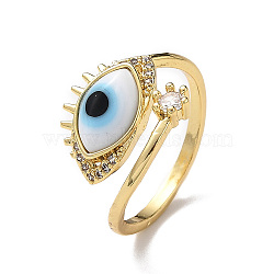 Lampwork Evil Eye Open Cuff Ring with Clear Cubic Zirconia, Real 18K Gold Plated Brass Jewelry for Women, White, Inner Diameter: 18mm(RJEW-L104-05G-07)