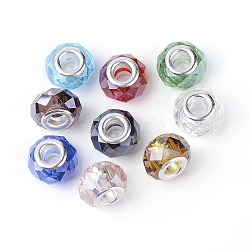 Pearlized Glass European Beads, Large Hole Beads, with Silver Color Plated Brass Double Cors, Faceted, Rondelle, Mixed Color, 14x9mm, Hole: 5mm(GDA002)