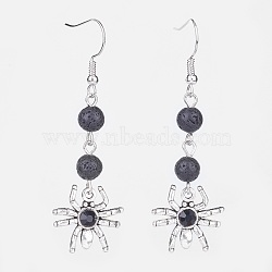 Tibetan Style Glass Spider Dangle Earrings, with Natural Lava Rock and Platinum Tone Brass Earring Hooks, 58mm, Pin: 0.5mm(EJEW-JE02724-01)