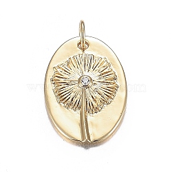 Brass Micro Clear Cubic Zirconia Pendants, Long-Lasting Plated, Oval with Dandelion, Real 18K Gold Plated, 19.5x14x2.5mm, Hole: 3.5mm(X-ZIRC-F120-087G)