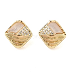 Brass Micro Pave Clear Cubic Zirconia Stud Earrings for Women, with Shell, Rhombus, Real 18K Gold Plated, 18x18mm(EJEW-F346-02G)