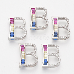 Brass Cubic Zirconia Slide Charms, Real Platinum Plated, Colorful, Letter, Letter.B, 18x14.5x5mm, Hole: 1.5x4mm and 1.5x6mm(ZIRC-S063-01B-P)