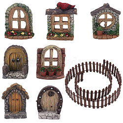 Resin Dollhouse Building Accessories,  including Imitation Wood Door, Window & Garden Fence, for Micro Landscape Decoration, Mixed Color, 32.5~900x16~51x4.5~57mm(DJEW-GF0001-54)