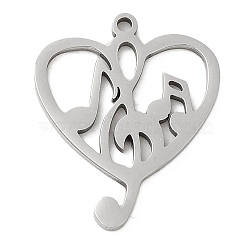 Non-Tarnish 5Pcs 201 Stainless Steel Pendants, Laser Cut, Heart with Musical Note Charm, Stainless Steel Color, 19.5x15.5x1mm, Hole: 1.2mm(STAS-B064-09P)